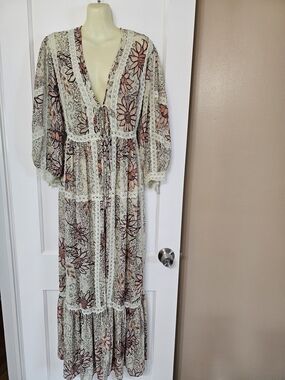 Boho Floral Lace Trim Maxi Dress Cover-up Cream with Pink Floral